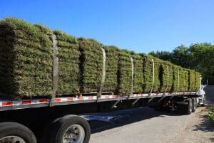 Fresh sod pallets loaded on truck at Birmingham sod supplier yard